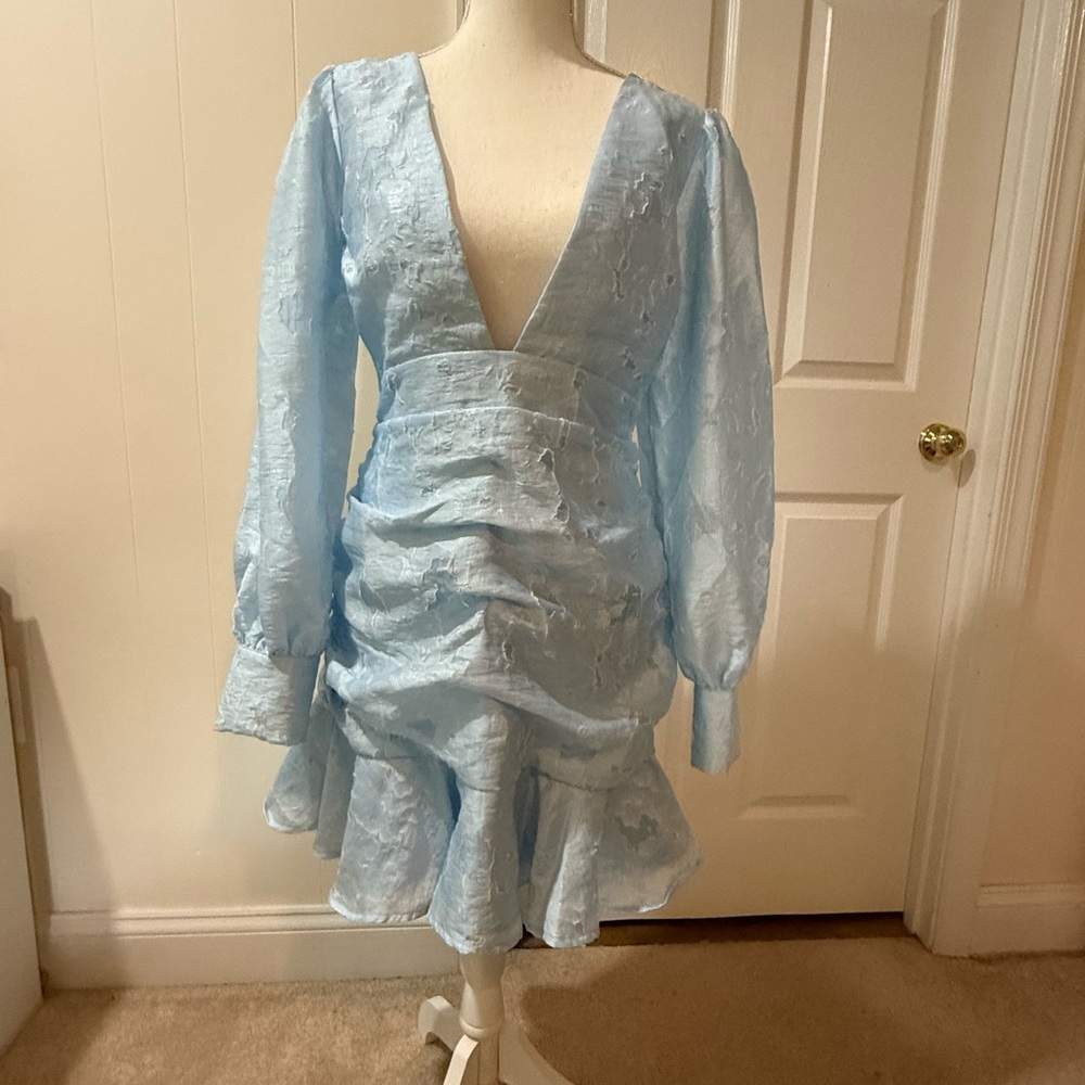 Showpo Blue Ruched Ruffled Cocktail Dress
